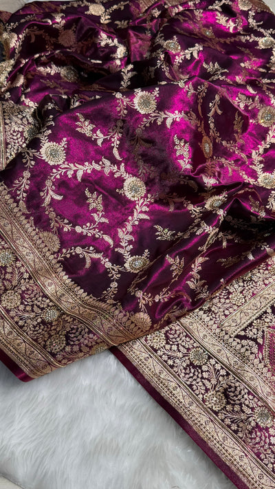Light Weight Swarovski Work Wine Jaal Pattern Satin Silk Saree BSS14
