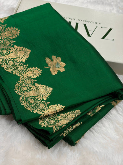 Banarasi Bottle Green Shades Minakari Boota Handwoven Pure Paper Silk RM-79