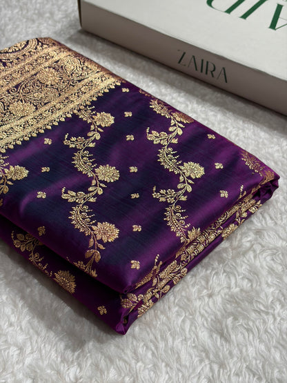 Banarasi Satin Katan Saree With Jaal Pattern in Cross Wine Shades SK121