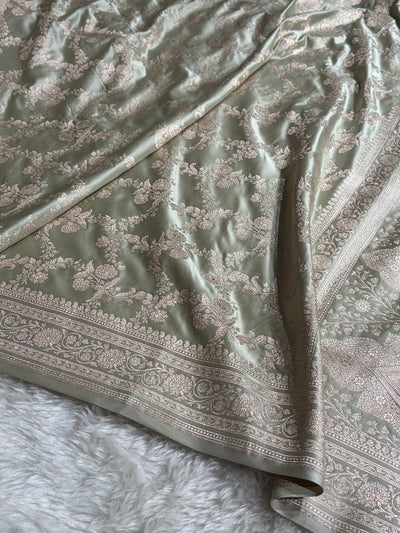 Pastel Pista Shades Banarasi With Floral Jaal Pattern Mashru Silk Saree MSM-130