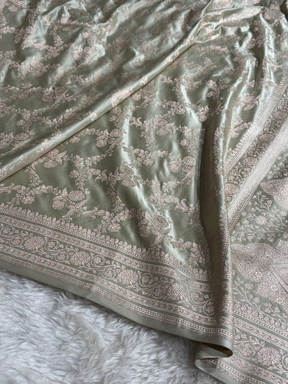Pastel Pista Shades Banarasi With Floral Jaal Pattern Mashru Silk Saree MSM-130