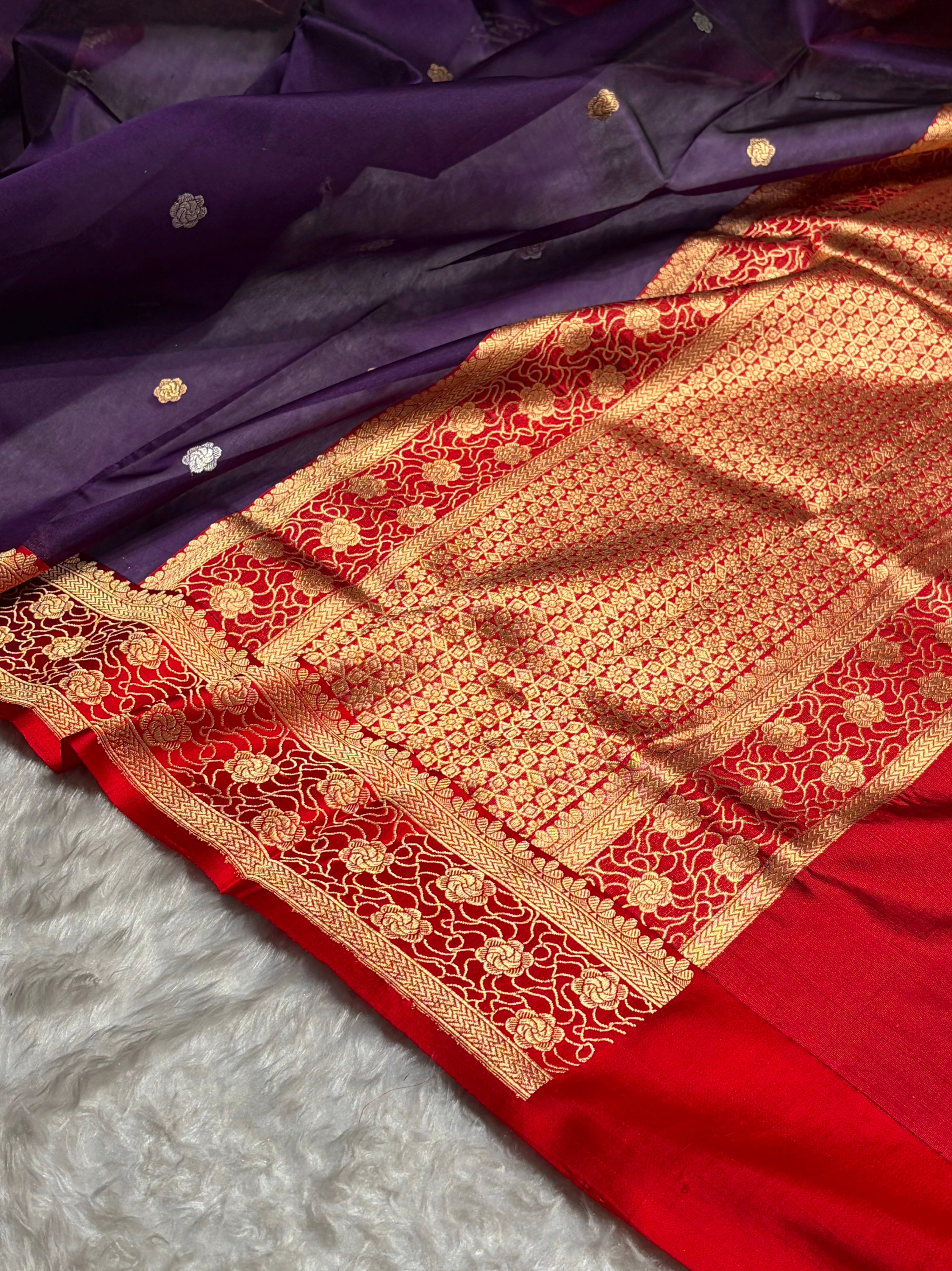 Contrast Banarasi Pure Organza Purple With Red Floral Banarasi Silk Saree PO-10