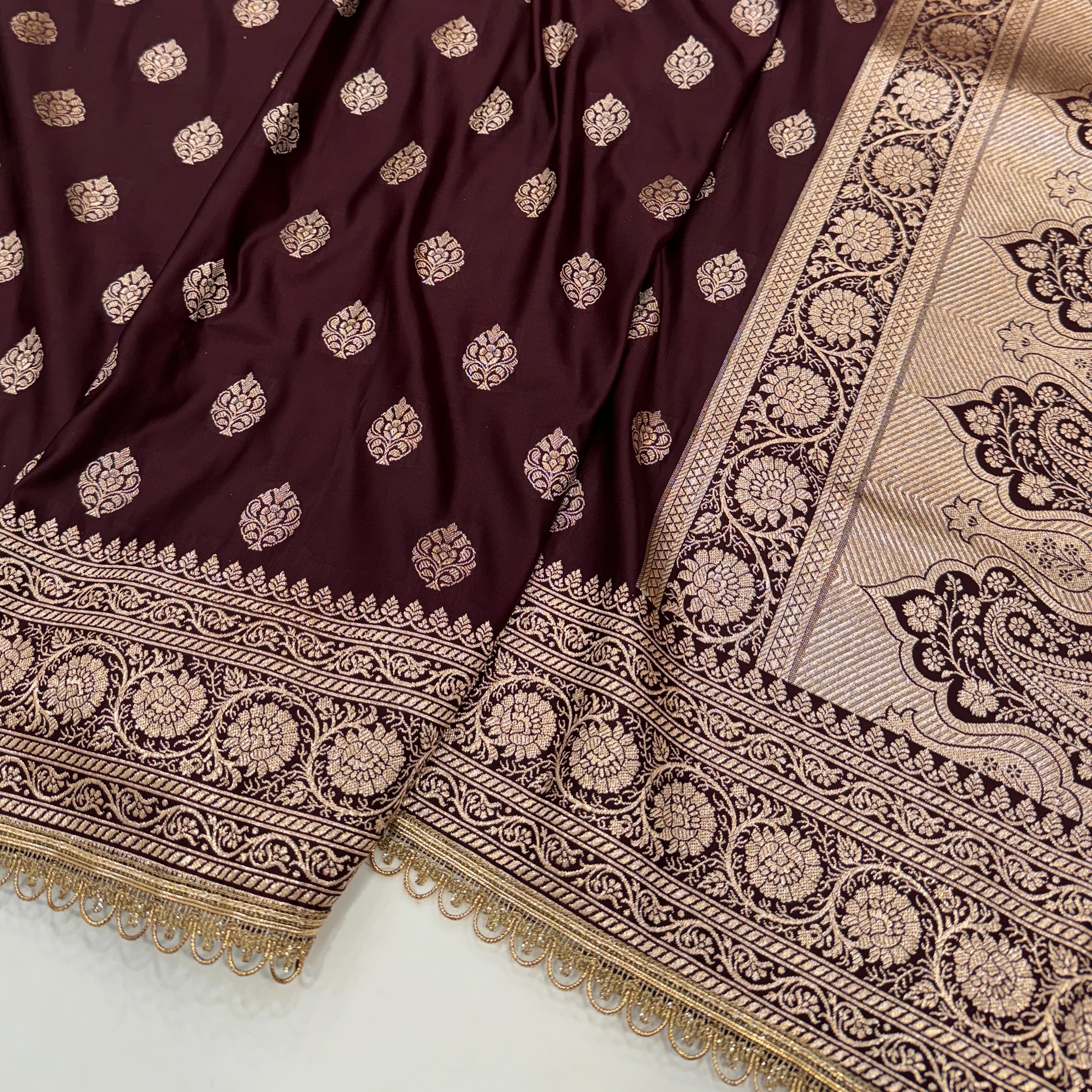 Banarasi Satin Katan Silk Saree In Dark Maroon Shades with gotta Patti