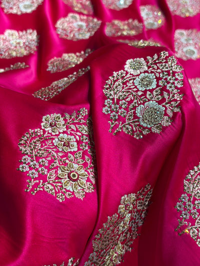 Premium Birdal Banarasi Satin Katan Saree With Swarovski Ari & Zardozi Work Minakari Boota in Rani Shades BSK93