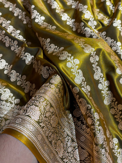 Banarasi Mahndi Shades Cross Pattern Banarasi Satin Silk Saree SS51