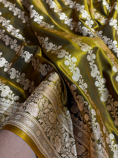 Banarasi Mahndi Shades Cross Pattern Banarasi Satin Silk Saree SS51