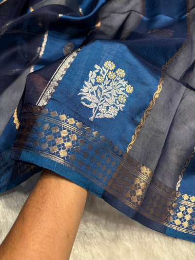 German Blue With Navy Shades Handwoven Pure Paper Silk RM-50