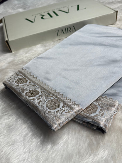 Grayish Blue Shades Plain Mashru Silk Saree