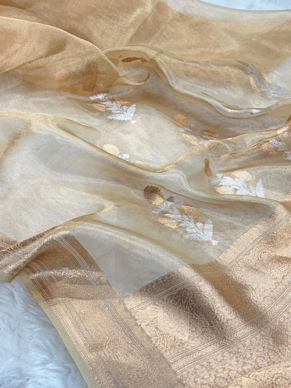 Tusser Gold Bananasi Floral Shades Pure Tissue Silk Saree PT-37