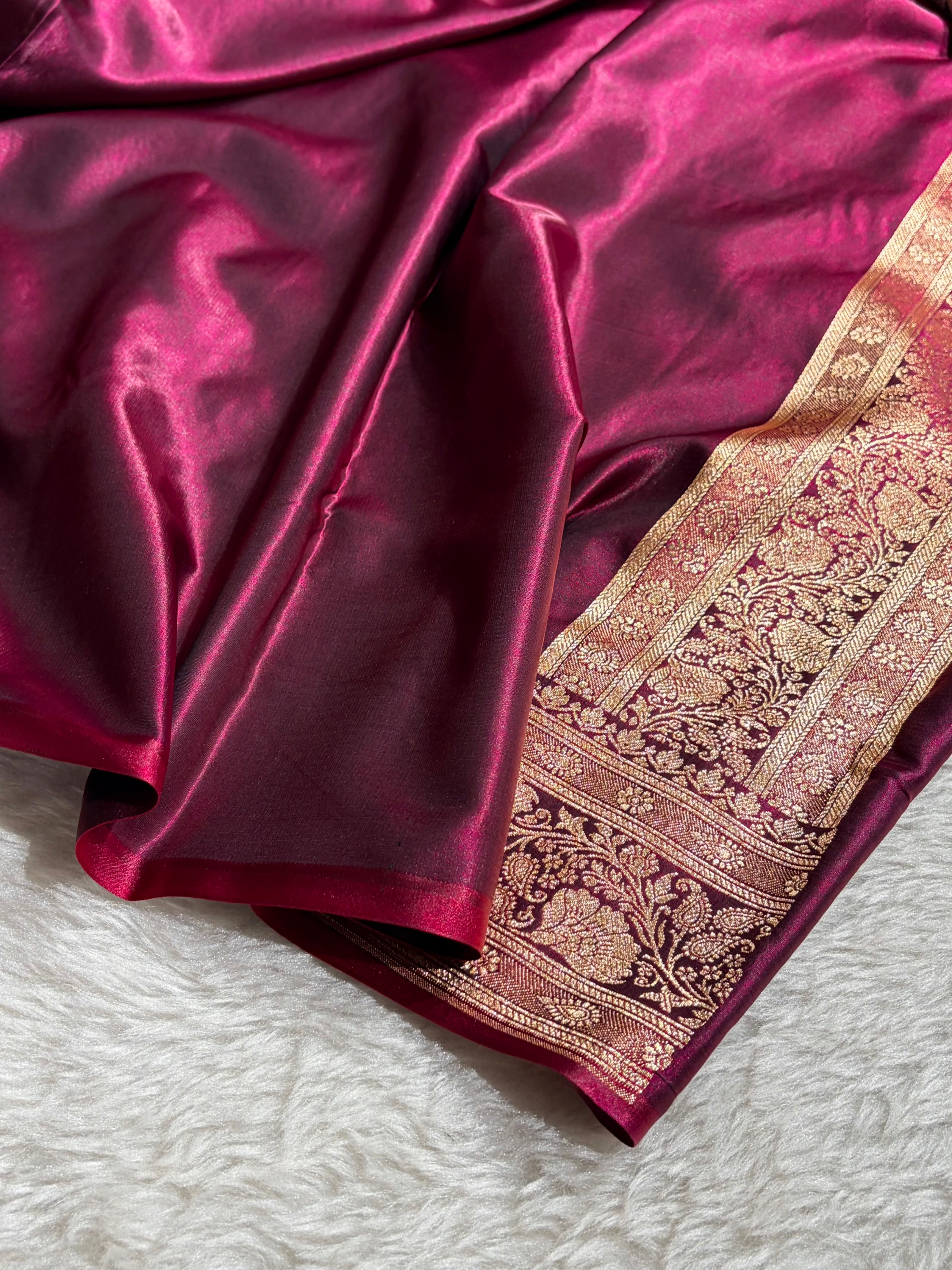 Banarasi Wine Shades Cross Pattern Banarasi Satin Silk Saree SS51