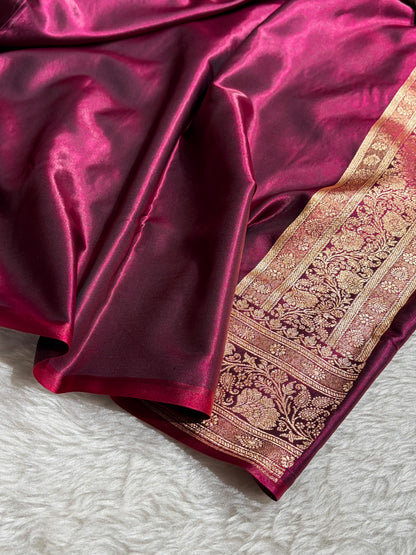Banarasi Wine Shades Cross Pattern Banarasi Satin Silk Saree SS51