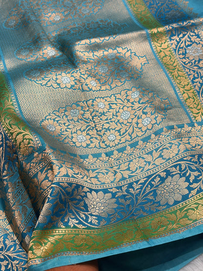 Firozi Shades Boota Handwoven Pure Katan Raw Mango Silk RM-18