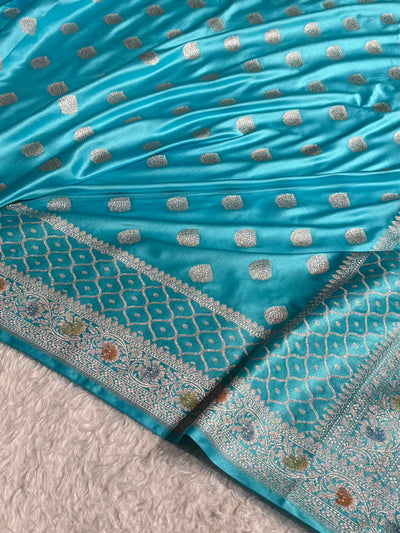 Banarasi Floral Booti Pattern in Firozi Shades Floral Mashru Silk Saree MCS103