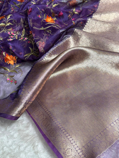 Purple Shades With Floral Embroidered Pure Tissue Silk Saree with Brocade Blouse PTE-09