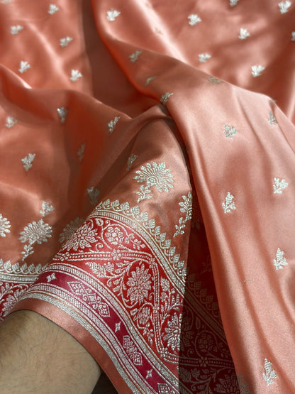 Banarasi Peach Shades Minakari Booti Mashru Silk Saree MCS72