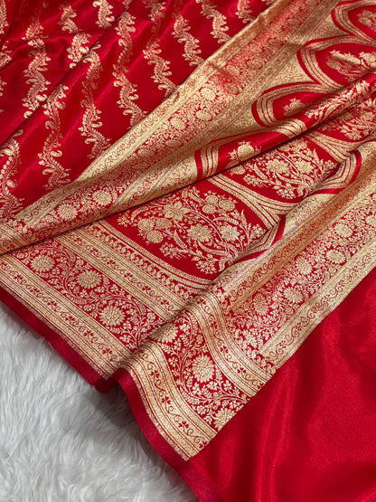 Red Shades Cross Pattern Banarasi Satin Silk Saree SS39