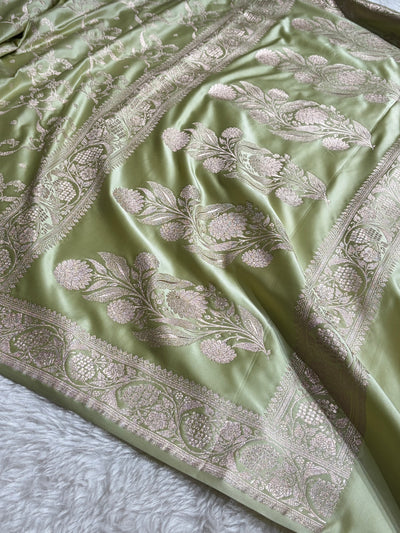 Pastel Pista Shades Banarasi With Floral Jaal Pattern Mashru Silk Saree MSM-134