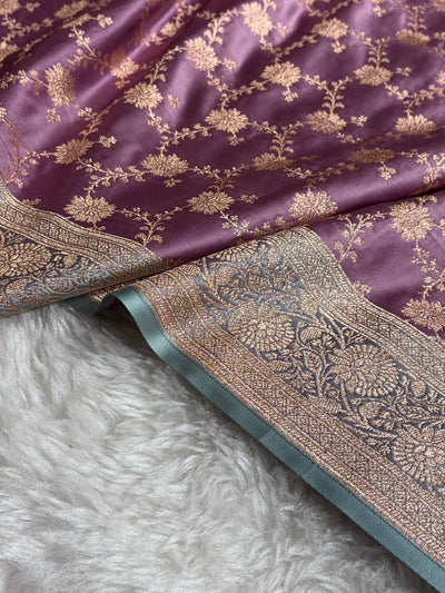 Banarasi Satin Katan Saree in Contrast Dark Lavender With Sea Green Shades SK132