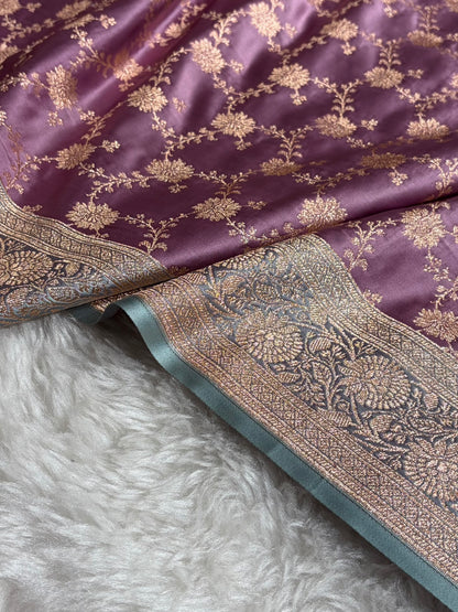 Banarasi Satin Katan Saree in Contrast Dark Lavender With Sea Green Shades SK132