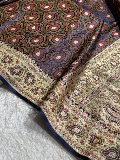 Navy Blue Jamawar Tanchoi With Minakari Jaal Katan Silk Saree SKTM-25