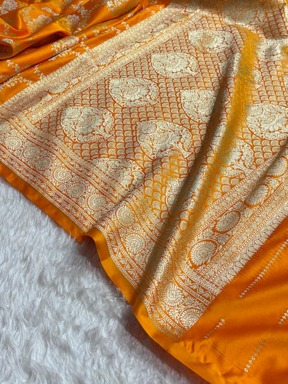 Banarasi Satin Katan Saree With Minakari Jaal Pattern in Mustard Shades SK126