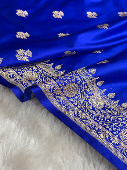 Banarasi Royal Blue Shades Floral Boota Satin Katan Silk saree SK32