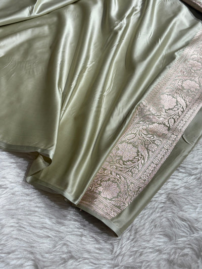 Pastel Pista Shades Banarasi With Floral Jaal Pattern Mashru Silk Saree MSM-132