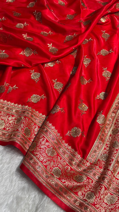 Satin Silk Saree Swarovski Work Floral Boota in Red Shades BSS26