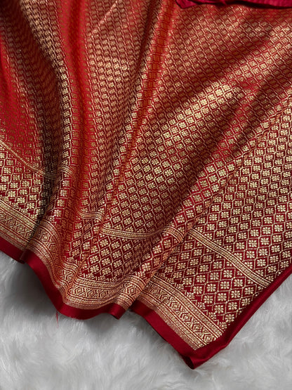 Red Floral Boota Satin Katan Silk saree SK34