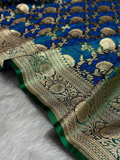 Bottle Green With Royal Blue Tanchoi Satin Katan Silk Saree SKTM-05