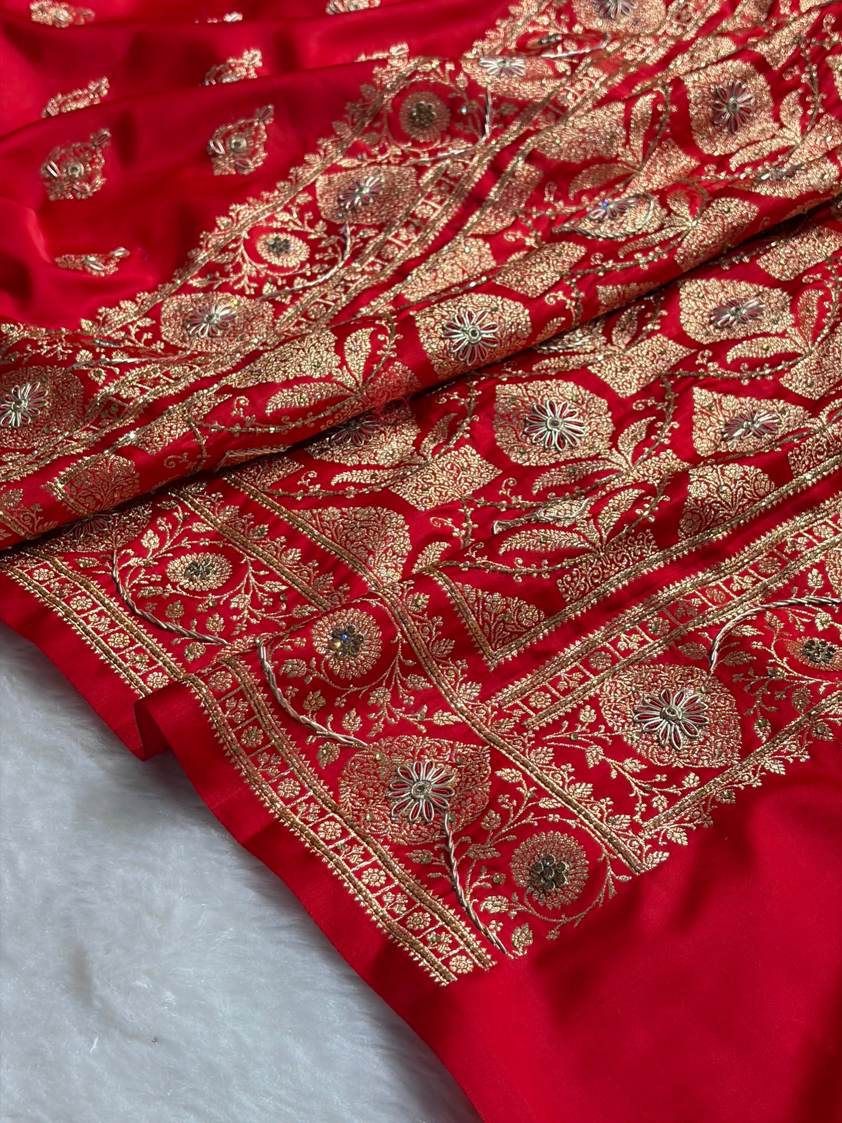 Banarasi Satin Katan Saree With Aari Zardozi Work Boota in Red Shades BSK98