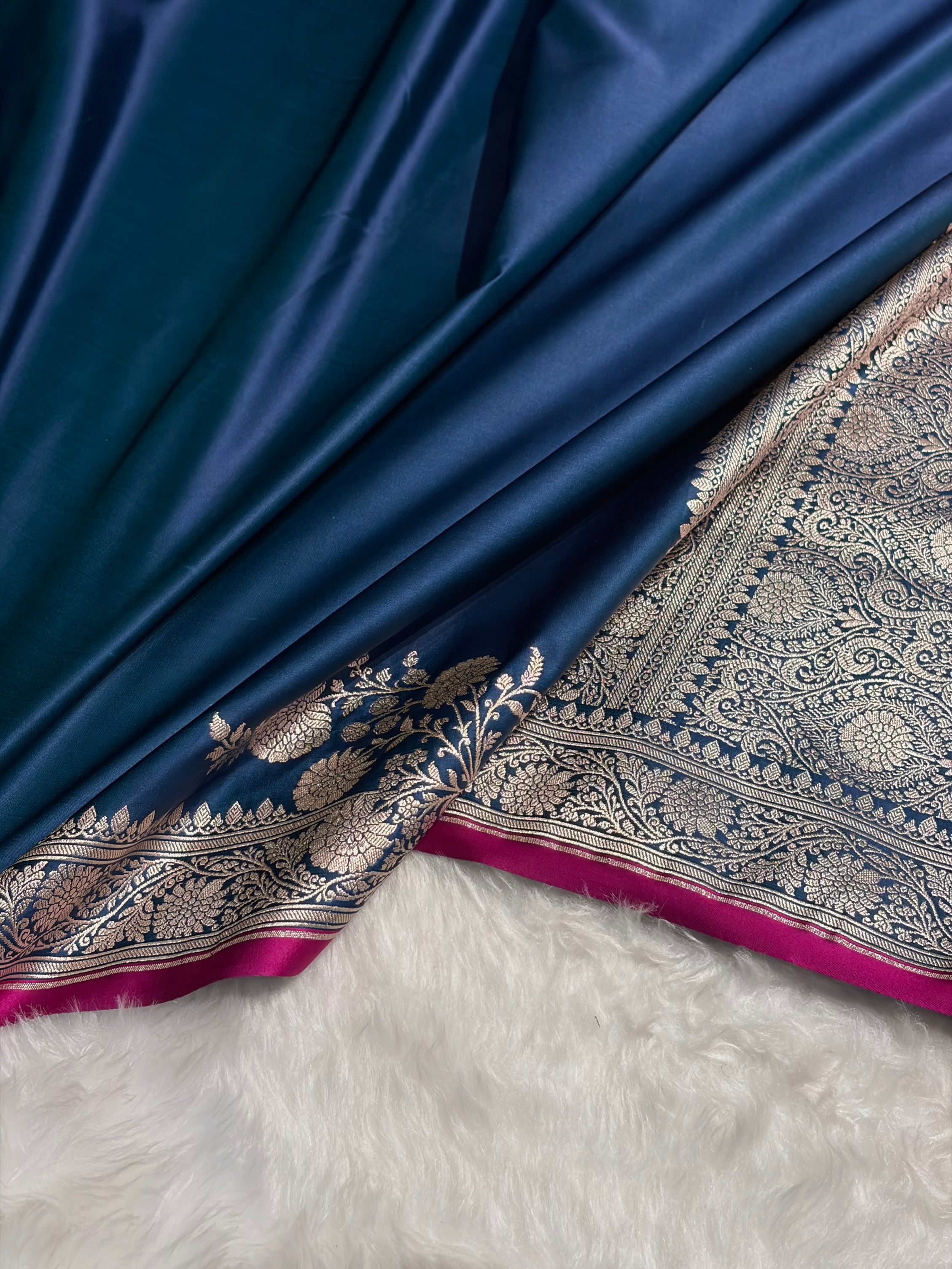 German Blue Shades Floral Border Mashru Silk Saree MSM-62