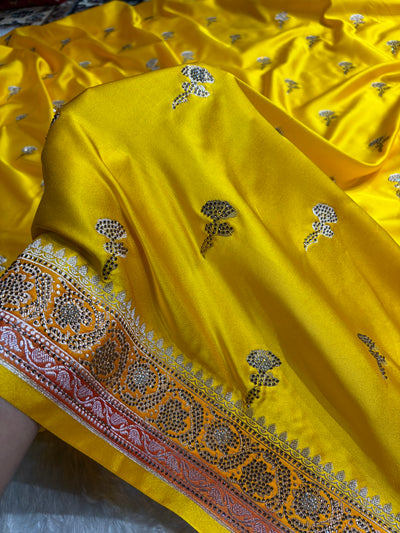 Yellow Shades With Banarasi Swarovski Stone Work Boota Mashru Silk Saree BMCS51