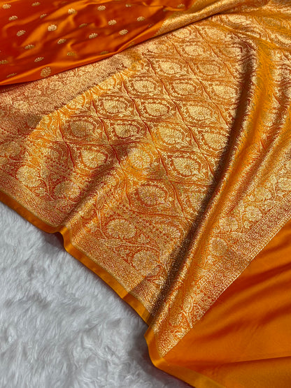 Fire Gold Floral Boota Pattern Satin Katan Silk Saree SK72