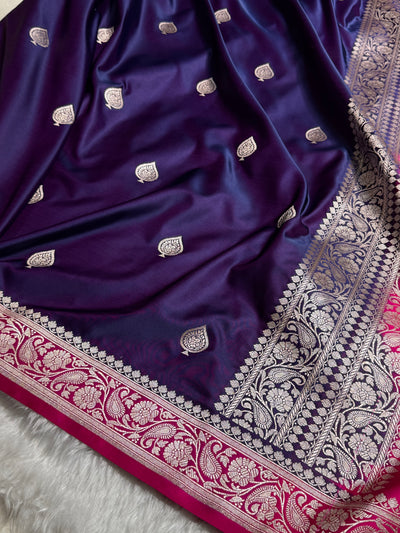 Contrast Banarasi Satin Katan Saree Booti Pattern in Purple / Rani Shades SK140
