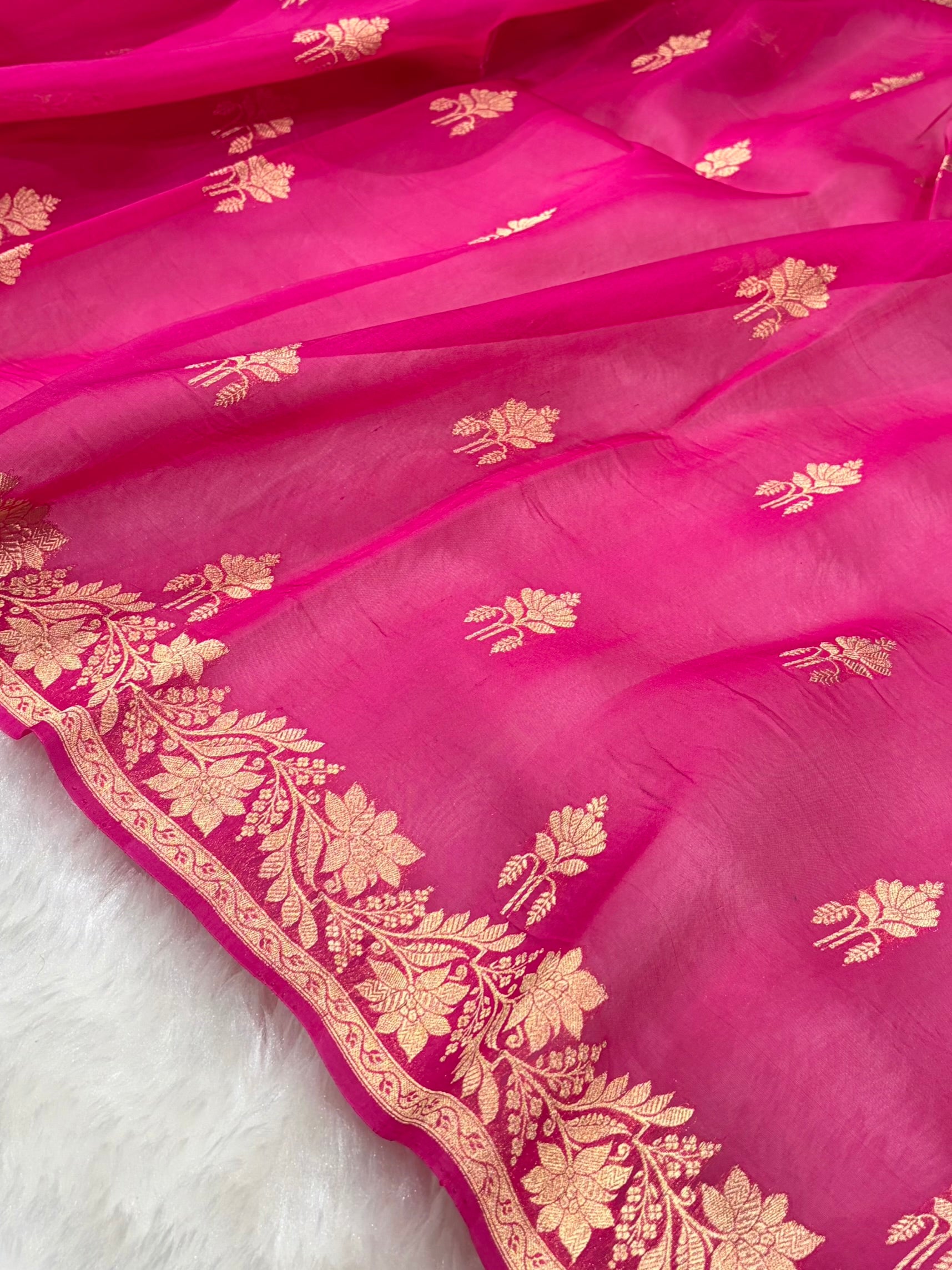 Pure Banarasi Organza Rani Shades Floral Banarasi Silk Saree PO-25