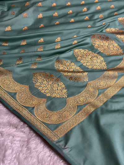 Banarasi Sea Green Shade With Scallop Pattern Mashru Silk Saree