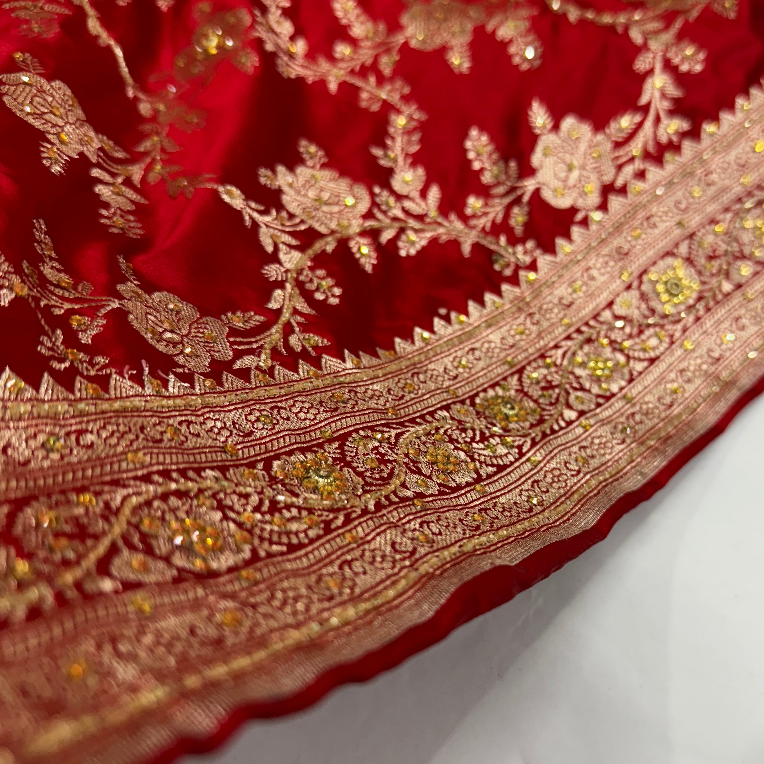 Red Mashru Silk with Ari and stone work