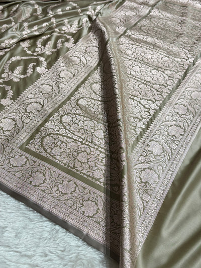 Pastel Green Shades Banarasi With Floral Jaal Pattern Mashru Silk Saree MSM-132