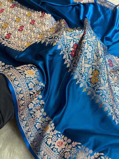 German Blue Shades Banarasi Minakari Boota Skirt Pattern Floral Mashru Silk Saree MSM-116