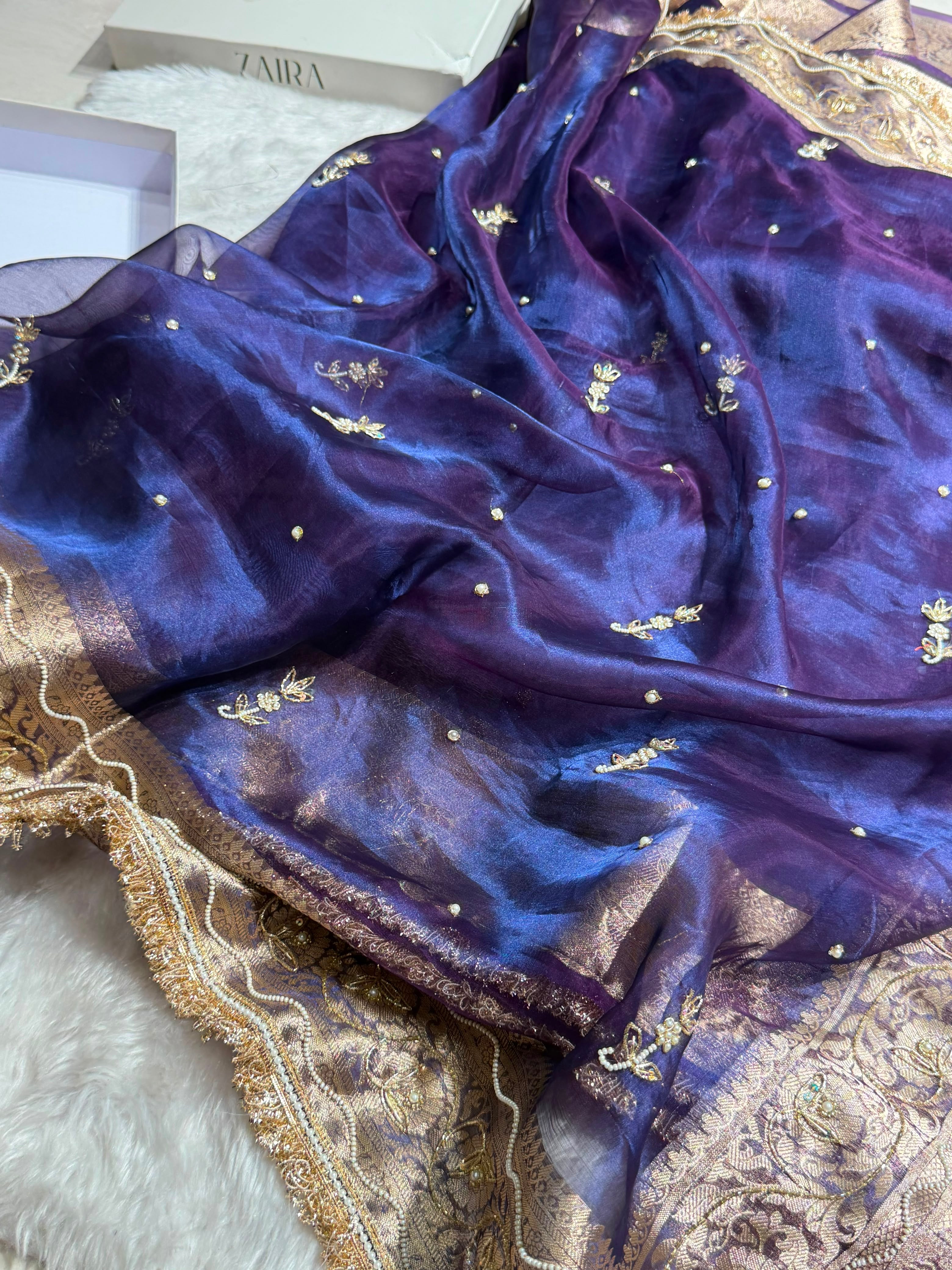 Purple Shades Wtih Ari & White Moti Work Pure Tissue Silk Saree with Brocade Blouse BPT-18