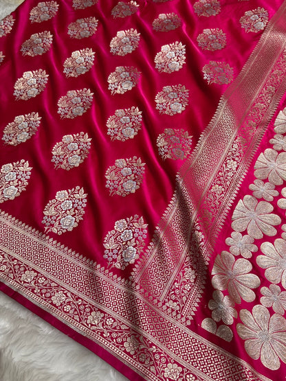 Premium Banarasi Satin Katan Saree With Minakari Boota in Rani Shades SK93
