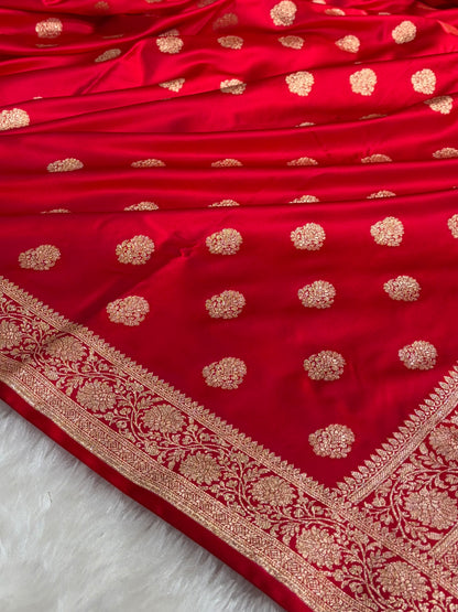 Banarasi Satin Katan Saree With Boota in Red Shades SK109