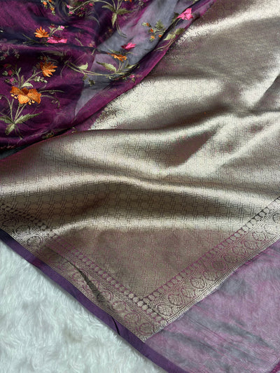 Wine Shades With Floral Embroidered Pure Tissue Silk Saree with Brocade Blouse PTE-09