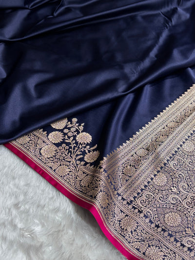 Navy Blue Shades Floral Border Mashru Silk Saree MSM-62
