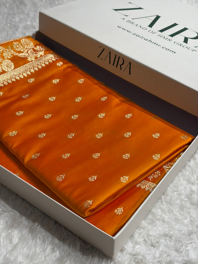 Banarasi Fanta Orange Shades Floral Pattern Satin Katan Silk Saree SK77
