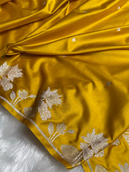 Mustard Floral Border Booti Mashru Silk Saree MS11