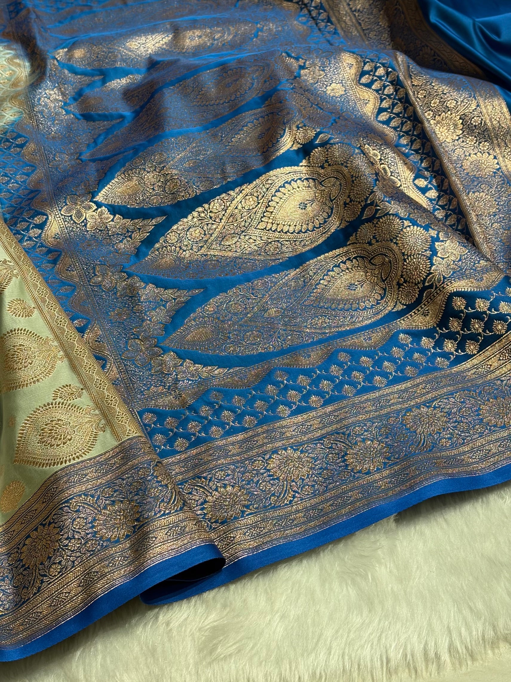 Dark Pista with Firozi Booti Satin Katan Silk Saree SK29