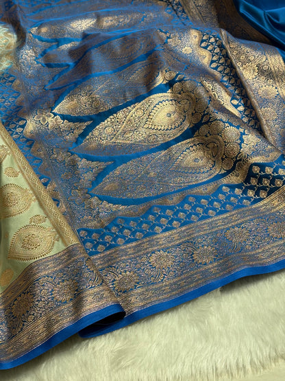 Dark Pista with Firozi Booti Satin Katan Silk Saree SK29