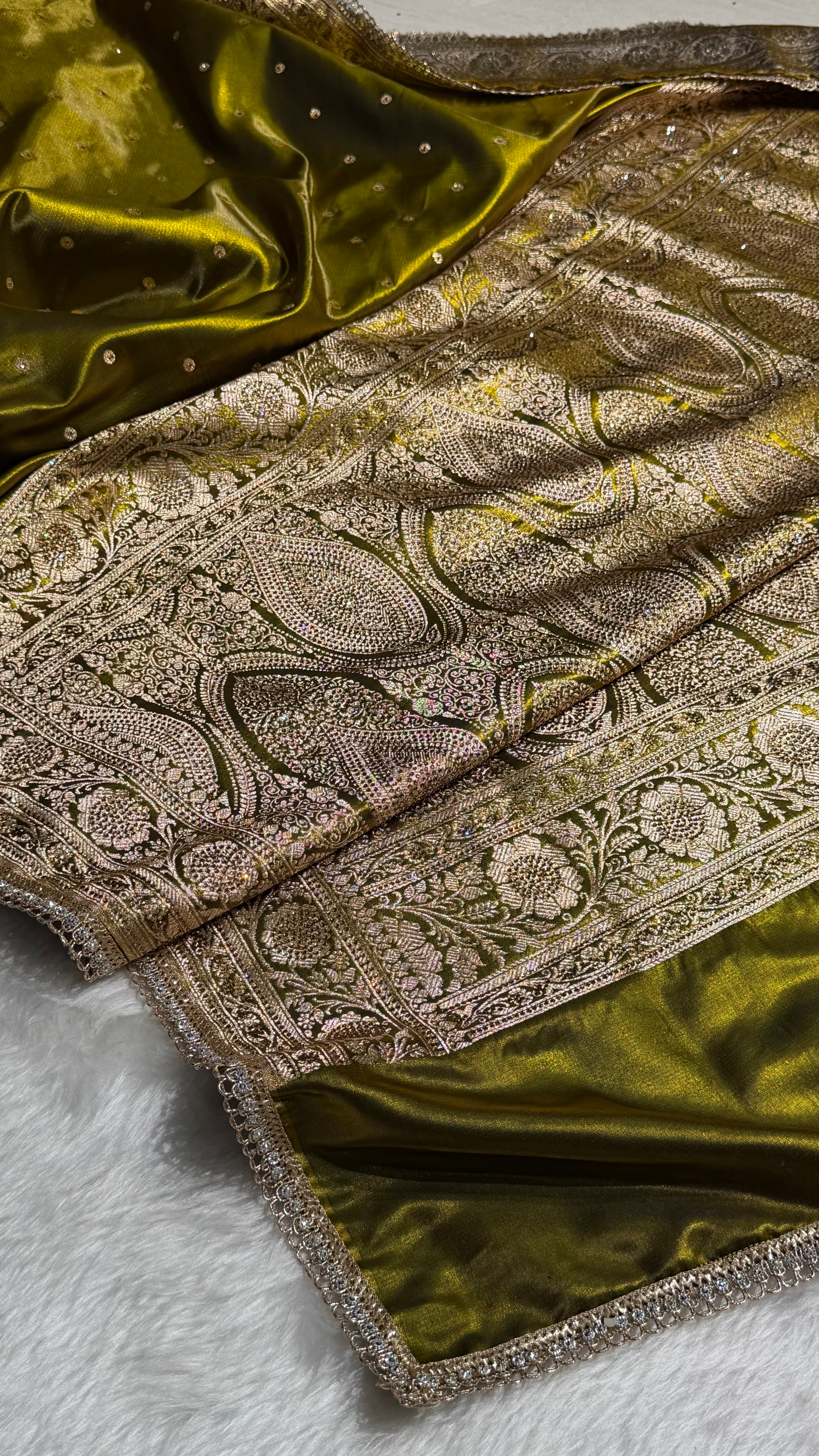 Satin Silk Dot Booti in Mehandi Shades with Swarovski work BSSGP08